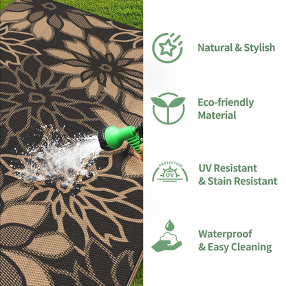 GENIMO Outdoor Rug Waterproof for Patio Decor, 8' x 10' Reversible Plastic Straw Floral Camping Carpet, Large Area Rugs Mats for RV, Camper, Deck, Balcony, Porch, Beach, Picnic, Black & Brown