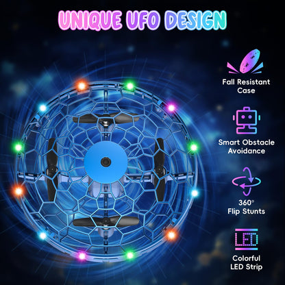 TSM005 Mini Drone for Kids,Hand Operated UFO Toy,Flip Stunt Hover Toy with LED,Easy Indoor Outdoor Flying Toys,Rechargeable UFO Drone for Kids 6-8-12 ,Cool Christmas Birthday Gifts for Boys Girls(Blue)