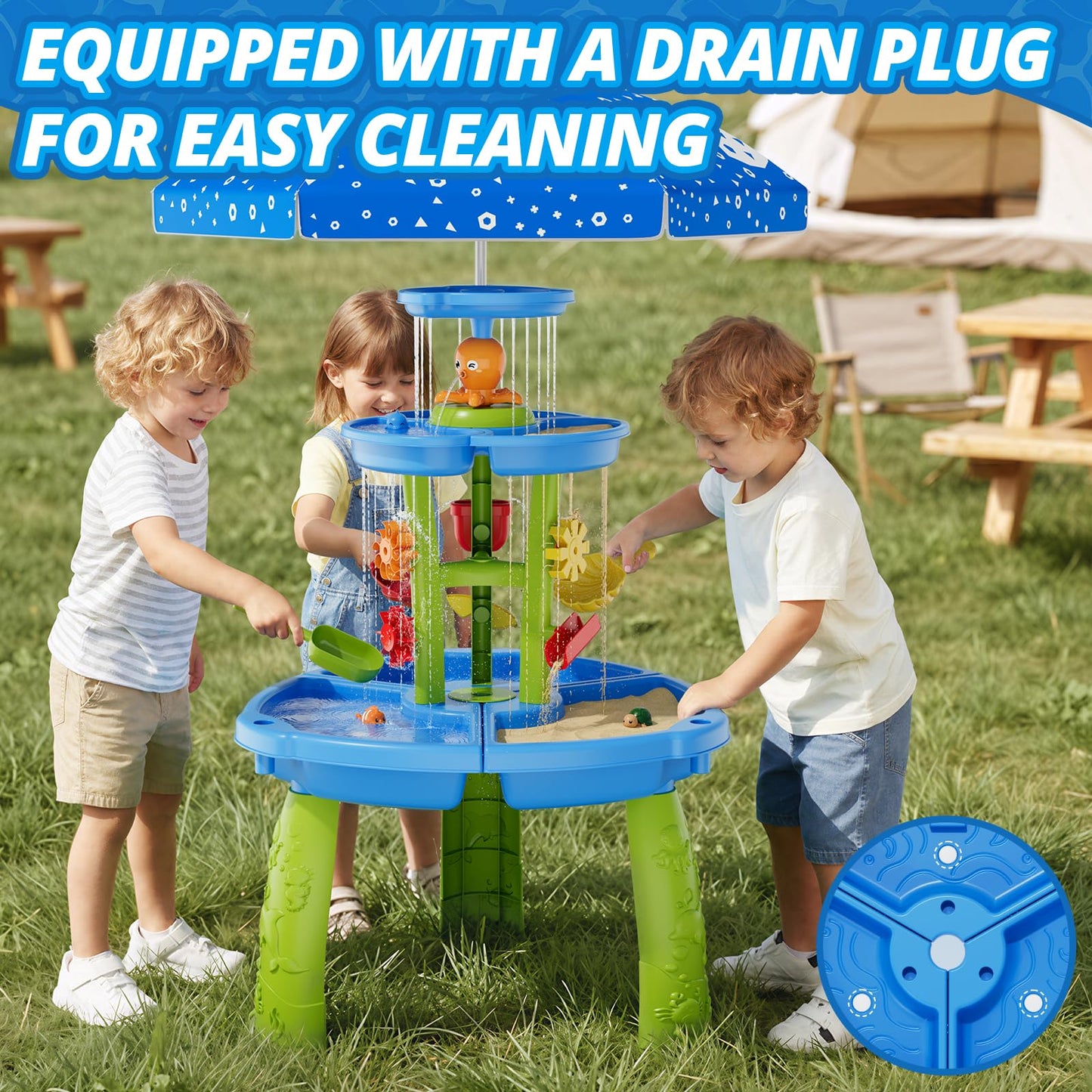 HYES Water Table for Toddlers 3-5, 3-Tier 6 Zones Water Sand Table with Umbrella, Rain Showers Splash Pond Toys for Outdoor Beach Backyard Summer, Kids Activity Sensory Playset for Boys Girls, Blue