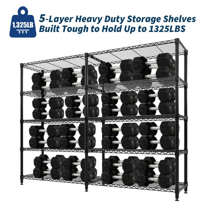5-Tier Metal Storage Shelves, Adjustable Wire Shelving Unit for Garage, Pantry, Basement & Kitchen, Heavy-Duty Shelf Organizer with Double-Row Design, 70.8" w x 15.8" d x 70.5" h, 265 Lbs Per Tier