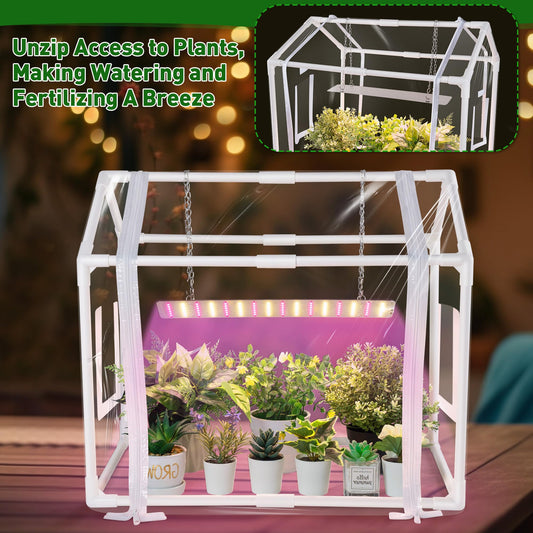 Meonum Mini Greenhouse for Indoor Outdoor, Portable Green House with 15W Plant Dimmable LED Grow Lights, Timer, 3 Light Color Mode for Indoor Outdoor Seed Starter Tray(23.6"x15.7"x19.6")