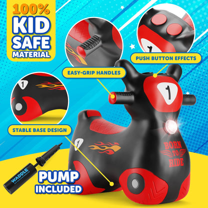 Waddle Bouncy Hopper Inflatable Hopping Toy Scooter, Indoors and Outdoor for Toddlers and Kids, Boys and Girls Ages 2 Years and Up (Black/Red Zoomer)
