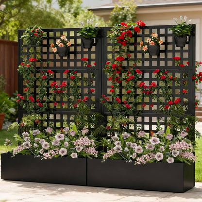Callales Metal Planter Box with Trellis, Black Raised Garden Bed, Privacy Screen Planters with Trellis for Climbing Plants Vegetable Flowers Outdoor Indoor, Large 2Pcs Set