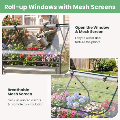 HAPPYGRILL Raised Garden Bed with Cover, Galvanized Metal Planter Box Kit w/2 Large Zipper Mesh Screen Windows, Outdoor Raised Beds for Gardening, Flowers, Vegetables (Silver)
