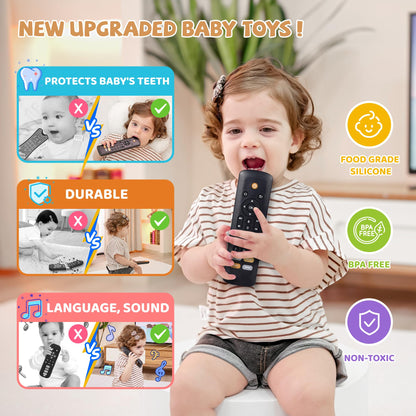 Baby TV Remote Toy with Lights & Sounds - Interactive Learning Toy (3 Languages: English/Spanish/French), 50+ Musical Sounds, Realistic Design - Perfect 1 Year Old Gift for Boys & Girls (Black)