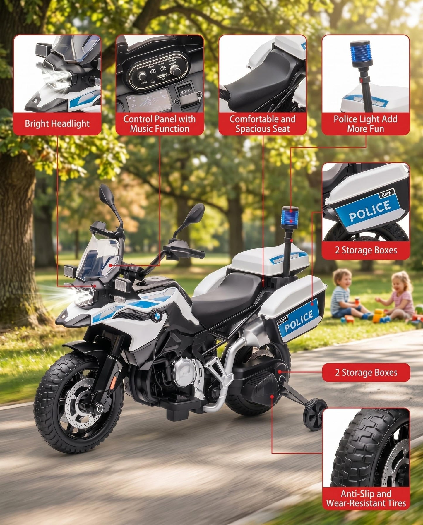 GARVEE Licensed BMW Police Motorcycle for Kids, 12V Electric Ride On Toy for Boys Girls Age 3-8, Battery Powered Motorbike w/LED Siren Lights, Music, 3 Speeds, Safety Training Wheels