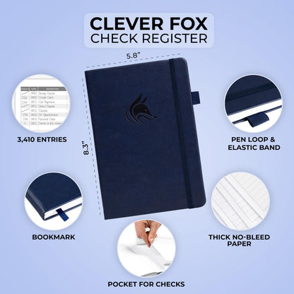 Clever Fox Check Register Book - Deluxe Transaction Register, Accounting Ledger Book, Checkbook Register & Checking Account Register Book for Personal and Work Use, A5 Hardcover - Dark Blue