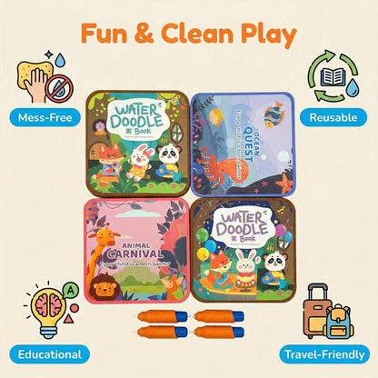 Water Painting Book for Kids 4 Pack - Reusable Magic Water Coloring Books with 4 Water Pens, 36 Pages Mess-Free Art Activity Toys for Toddlers Ages 3-5, Travel Toys Educational Learning Gifts