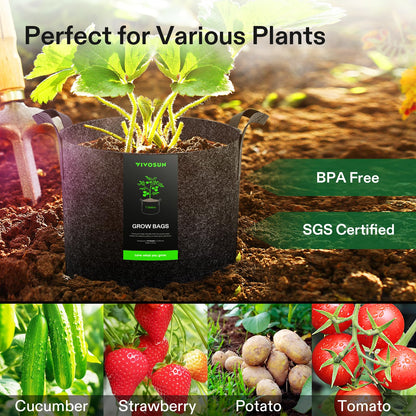 VIVOSUN 5-Pack 7 Gallon Plant Grow Bags, Heavy Duty Thickened Nonwoven Fabric Pots with Handles