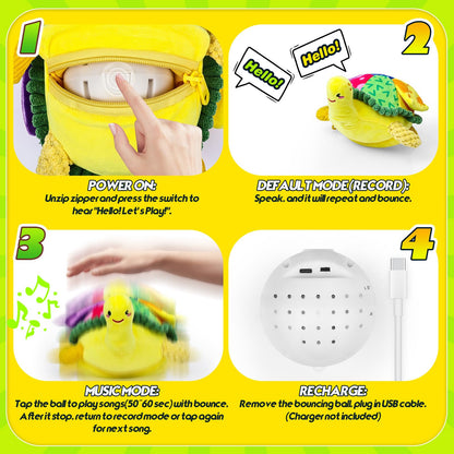 Esjay Crawling Musical Turtle Plush Toy and Busy Board, Dancing Bouncing Recording Walking Sensory Toys for Boys Girls Toddlers, Yellow