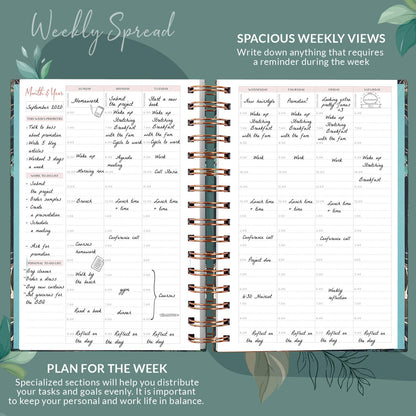 PLANBERRY Hourly Schedule Planner Premium – Undated Weekly Organizer with Time Slots & Monthly Budget – Time Management, Goal Setting, to-Do List & Habit Tracker –6.9″x8.5″(Green Pastures)