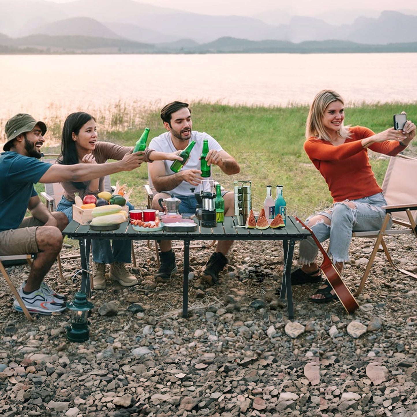4Ft Aluminum Folding Camping Table, Portable Picnic Table, Outdoor Lightweight Collapsible Camp Table, Roll-up Camping Table for Beach,Party, Patio, BBQ, Travel, Backyard (Black Upgraded Version)