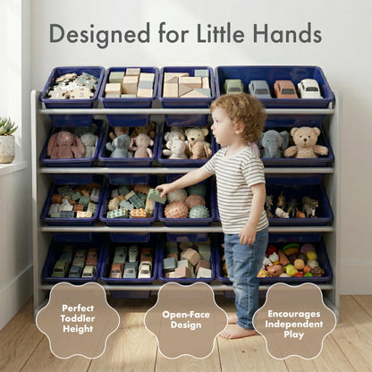 Humble Crew Toy Storage Organizer with 16 Removable Storage Bins for Kids Playroom, 4-Tier Toddler Toy Organization, Grey/Navy
