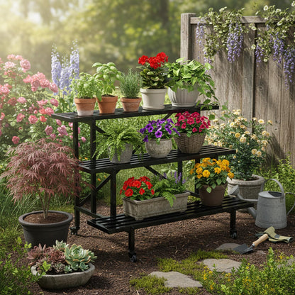Yunphia US 3-Tier Metal Plant Stand, 45.56”L x 26”W x 23.6”H - Heavy-Duty Rolling Tiered Plant Display Rack for Indoor, Outdoor & Patio Use