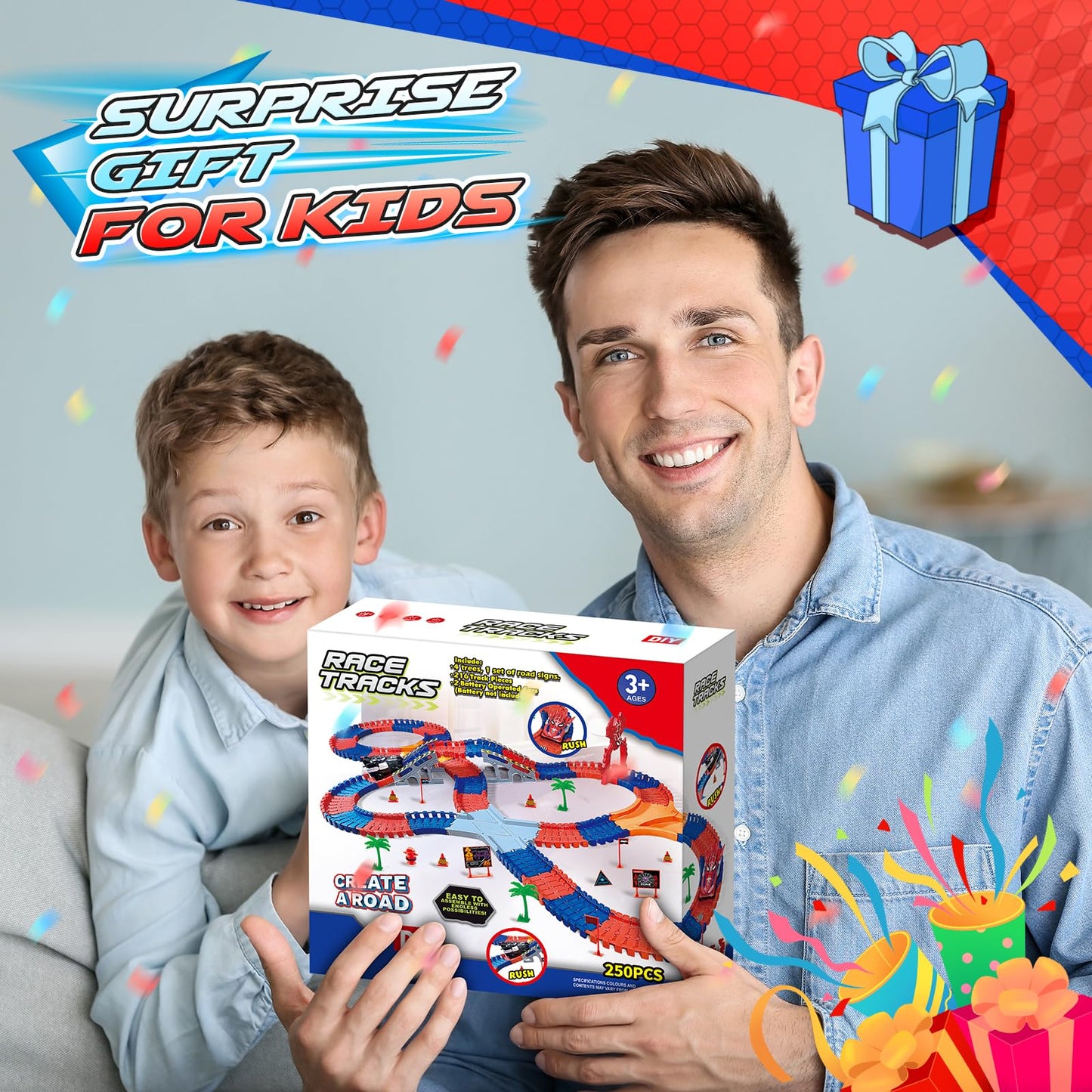 Spider Toys 250 PCS Race Car Track for Kids Ages 3-6 with 2 Cool Monster Car, Toddler Car Tracks for 3+ Year Old Boys Girls, Toy Set Birthday Gifts for 3-6 Year Old Boys