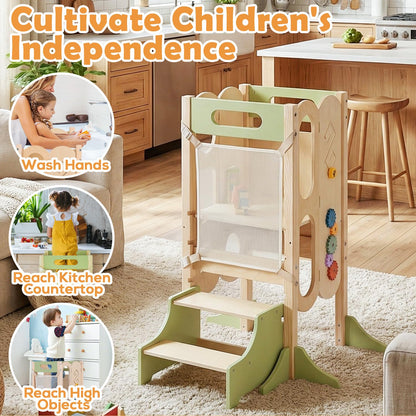 XYMERO 6 in 1 Toddler Tower with Removable Ladder, Foldable Wooden Kitchen Step Stool for Kids, Adjustable Children Helper Tower for Baby, Standing Tower with Safety Equipment and Black Board
