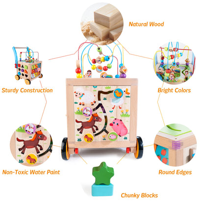 Wooden Baby Walker | Baby Push Walker with 9-in-1 Activity Cube, Sit to Stand Learning Walker Toy with Wheels for Boys Girls, Montessori Activity Center Walker, Adjustable Speed & Height