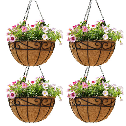12 inch Metal Hanging Baskets For Plants Outdoor 4 Pack Round Metal Wire Hanging Basket Planter with Coco Fiber Liners Chain Round Wire Plant Holder for Garden, Patio, Deck, Porch Plants Flower Potss