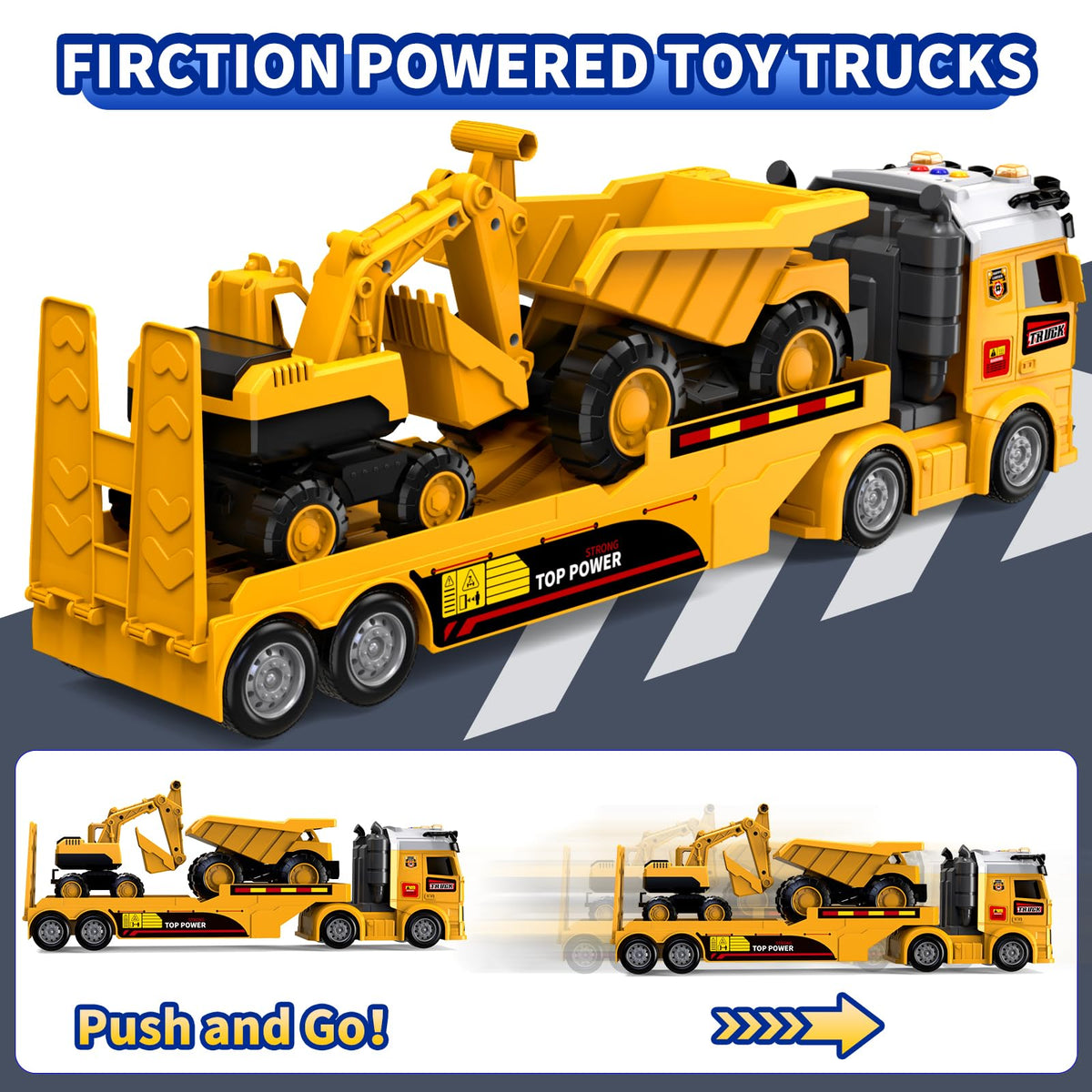 Toddler Boy Toys for Ages 3 4 5 6 7 8 Years Old, 25" Large Construction Carrier Truck Toy Excavator and Dump Truck, Friction Powered Vehicle with Lights & Sounds, Birthday Gift for Boys Girls