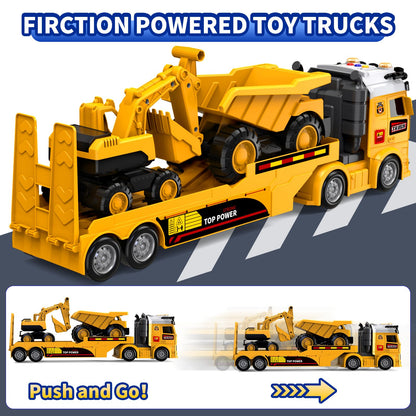 Toddler Boy Toys for Ages 3 4 5 6 7 8 Years Old, 25" Large Construction Carrier Truck Toy Excavator and Dump Truck, Friction Powered Vehicle with Lights & Sounds, Birthday Gift for Boys Girls