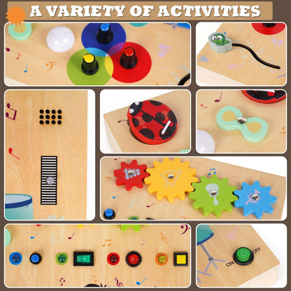 Montessori Busy Board for Toddlers,Wooden Sensory Toys with Wooden Drum Musical Toy,LED Lights,Switches,Learning ActivityBoard for Fine Motor Skills, Travel Toy Fidget Board for Baby Boy & Girl