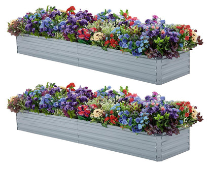 Meberam 2 Pack 8x2x1FT Galvanized Raised Garden Bed Kit, Outdoor Metal Planter Box for Vegetables, Bottomless Rectangular Gardening Bed with Support Rods, Tool-Free Assembly, Gray