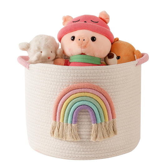 INough Toy Storage Baskets Woven Cotton Rope Storage Basket with Rainbow Decor for Kids, Blanket Baskets for Living Room Toys Organizer Rainbow Baby Gifts Basket with Handle for Girls Nursery Playroom