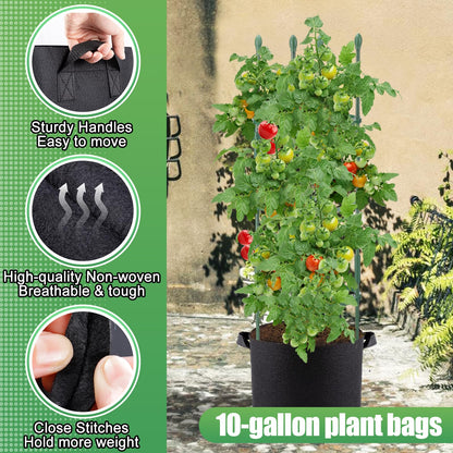 3 Sets Sturdy Tomato Cage with 10 Gal Grow Bags - 48.5" Plants Garden Trellis Planter Kit, Support for Indoor Outdoor Beans, Peppers, Cucumbers, Eggplants, Climbing Vegetable