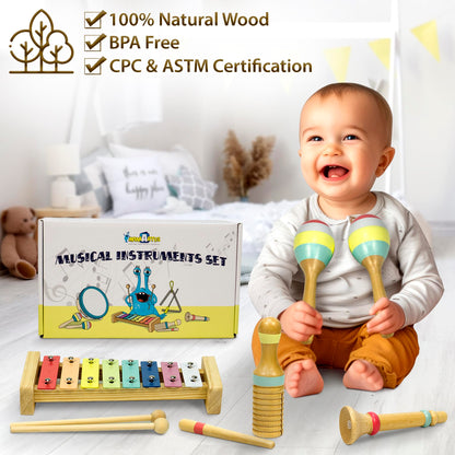 MINIARTIS Musical Instruments Set - Montessori Wooden Toys for Toddlers 1-3 | Modern Boho Baby Xylophone with Songbook | Neutral Colors Percussion Instruments | Kids Preschool Educational