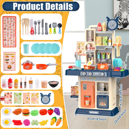 Play Kitchen for Toddlers, Kids Kitchen Playset Toddler Girl Toys with Cooking Stove Steam, Sink and Food Pretend Cooking Set Toy for 3 4 5 Year Old Kid Birthday (Blue)