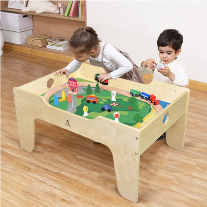 KRAND Kid's All-in-One Activity Play Table with 290 Building Bricks and 30-Piece Wooden Train Set Railway,Cars,Track and Accessories for Toddlers Boys and Girls Children's Toy Playset Game Desk