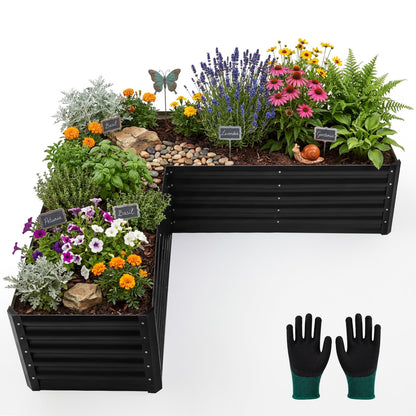 ElaraBerry 6.2x6.2x1.5 ft Raised Galvanized Garden Beds Outdoor L Shaped, Large Corner Metal Deep Root Planter Box with Gloves for Planting Vegetable Flower Herb, Anti Rust, Easy Setup, Gray (Square)