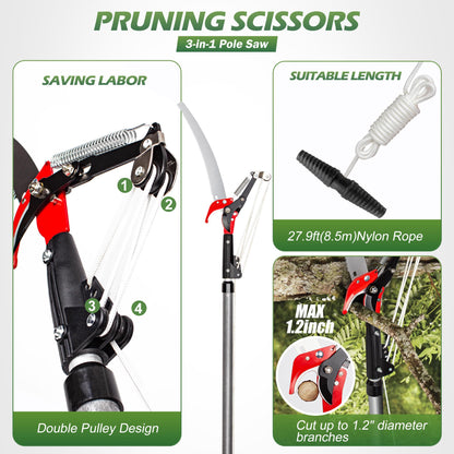 Walensee Pole Saws for Tree Trimming, Extendable Tree Pruner,Manual Branch Timmer with Blade and Scissors High Branches Pruning Fiberglass Pole Pruner and Cutter Garden Tool with Storage Bag 7.2-27FT