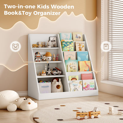 Tatub 6 Tier Kids Wooden Bookshelf and Toy Storage, Children Toy Organizer with Book Shelves, Toddler BookRack Baby Bookcase for Nursery, Playroom and Classroom, White