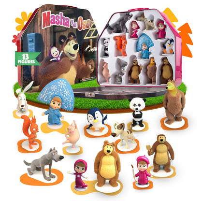 LUPPA Masha and The Bear Toys Playset: 13 Figures with Tin Box of The Bear´s House I Masha and The Bear I Figures and Dolls of TV Programs I Toys for Girls