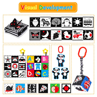 4 PCS Black and White High Contrast Baby Toys 0-3-6 Months Newborn Essential Toy for Babies Crinkle Sensory Book Brain Development Tummy Time Mirror Infant Carseat Rattle Shower Easter Gifts Boy Girl