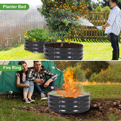 Permade Galvanized Raised Garden Bed- 2Pcs Metal Planter Boxes Outdoor | 12" Tall 36" Round Steel Raised Bed Kit & Fire Pit Ring for Gardening with Protective Tape for Vegetables, Flower (Grey)