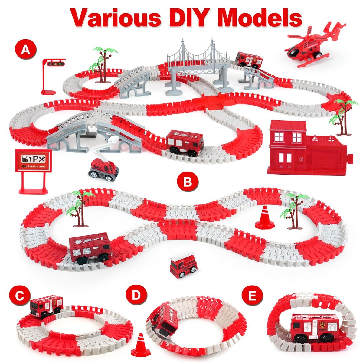 BEMITON Race Track Playset for Kids - Flexible DIY Car Track Toy, Educational Birthday Gift for Boys Ages 3 4 5 6 7, 330+ PCS Building Kit with Fire Trucks