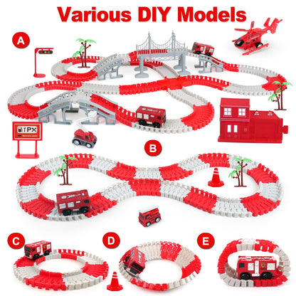 BEMITON Race Track Playset for Kids - Flexible DIY Car Track Toy, Educational Birthday Gift for Boys Ages 3 4 5 6 7, 330+ PCS Building Kit with Fire Trucks