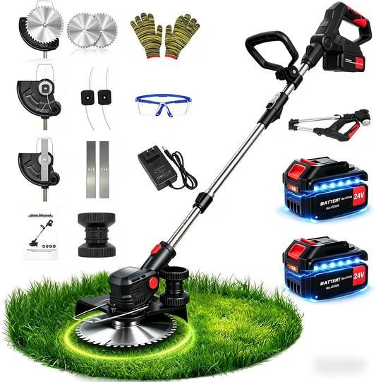 24V Cordless String Trimmer, 8-inch Battery Powered Weed Wacker with 2x4.0Ah Batteries, Foldable 3-in-1 Brush Cutter, 3 Types Blades Electric Lawn Edger with Side Wheel Assist for Yard & Garden