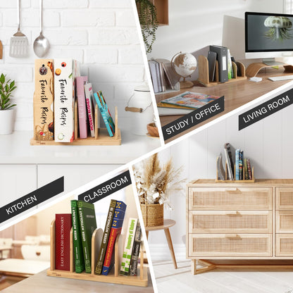 Cook Book Organizer, Recipe Book Holder Rack, Tabletop Stand for Convenient Cookbook Storage, Vertical 4 Tier Cook Book Stand Kitchen, Binder Holder for Desk & Countertop (Bamboo)