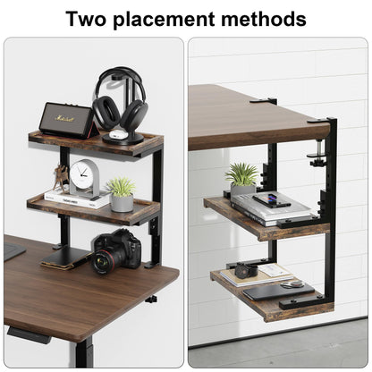 OUTIOE 2-Tier Desk Shelf, Expandable Under Desk Storage, Clamp on Desk Shelf, Desktop Accessories for Offices, Study Rooms, and Game Rooms (Wood)