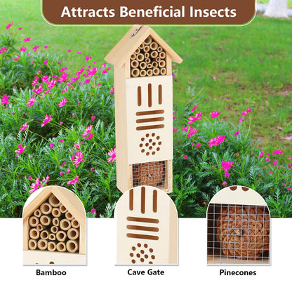 Wooden Insect House, Bee House with Metal Stake for Garden, Natural Ladbugs Habitat & Butterfly Hotel on The Ground or Hanging on Tree Wall (Pine, 3.34'' x 2.56'' x 11.8'', 11.8'' H Stake)