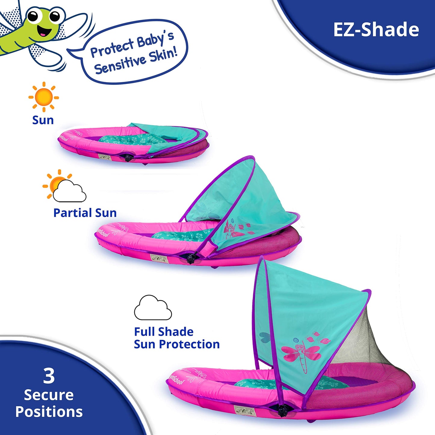 SwimSchool Deluxe Baby Pool Float with Adjustable Canopy - 6-24 Months - Baby Swim Float with Splash & Play Activity Center Safety Seat - Pink/Aqua
