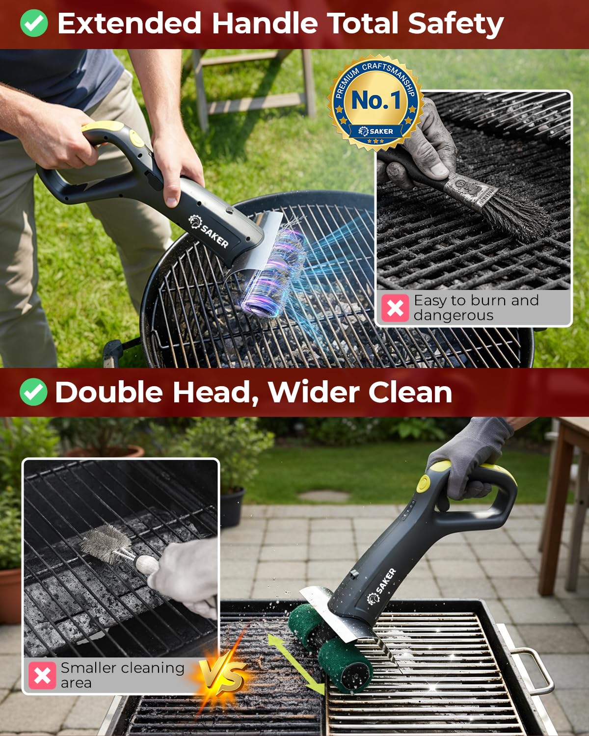 Saker Electric Grill Brush with 450 RPM & LED Light | Tangle-Free Grill Cleaning Brush with Durable Roller | Complete 8-Piece Brush & Scouring Pad Kit | Ideal Grilling Gift for Dad