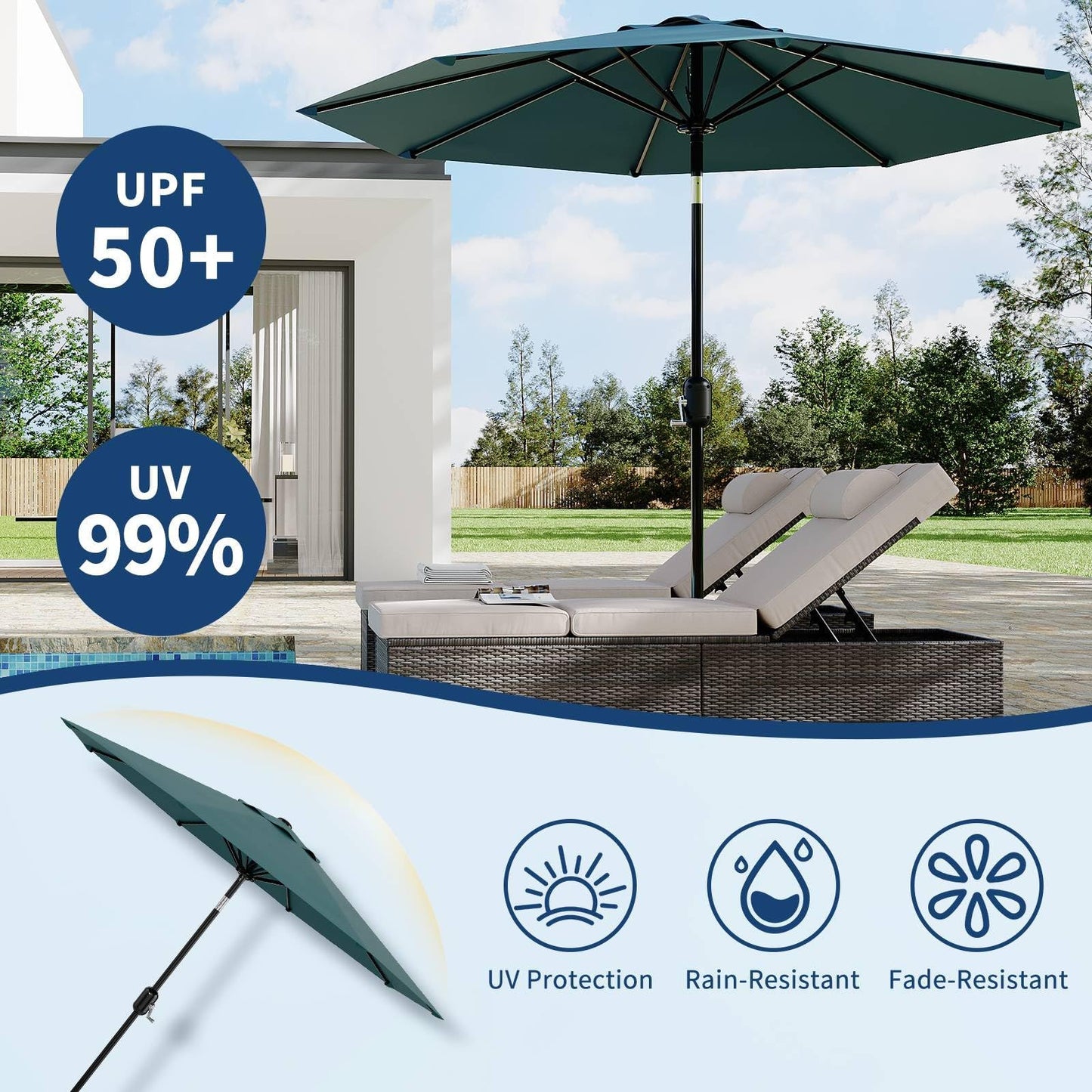 Garvee 9 ft Patio Umbrella - 8 Sturdy Ribs Outdoor Table Umbrella with Crank Lift & Push Button Tilt - Market Umbrella for Pool, Deck, Yard, Garden - Turquoise