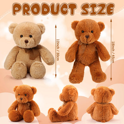 HyDren 2 Pack Bear Stuffed Animals 18 Inch Cuddly Stuffed Bear Plushies with Bow for Birthday Gifts Baby Shower Decors Valentines Party Decors(Light Brown,Brown)