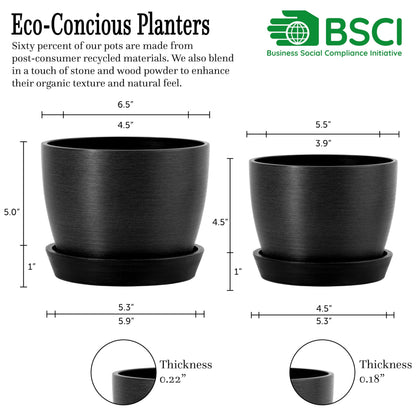 Kin 'n' Kind Set of 2 Minimalist Plant Pots (6.5" & 5.5") – Modern Indoor Planters with Drainage & Saucers – Durable Eco-Conscious Composite, Indoor/Outdoor – Marin Night Black