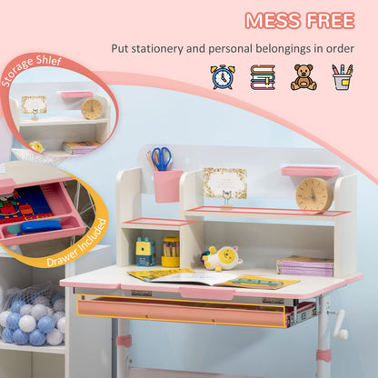 Qaba Wooden Kids Study Desk, Height Adjustable Children School Study Table, Student Writing Desk with Tilt Desktop, Drawer, Storage Shelf, Pen Holder, Pink