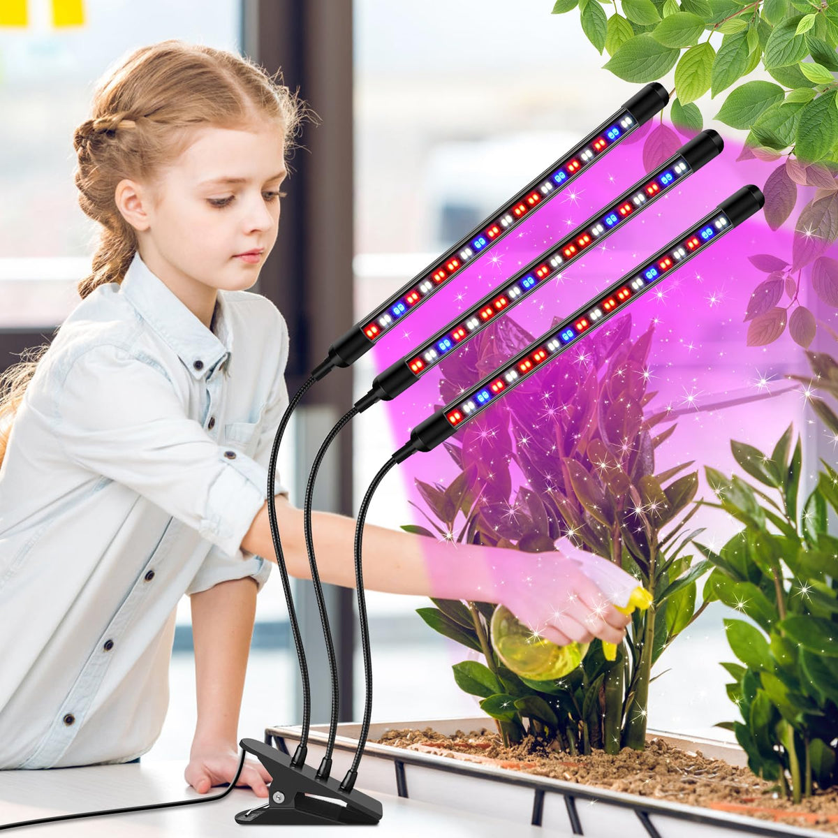 SDOVUERC Tri-Head Clip Grow Light for Indoor Plants, Full Spectrum with 6/12/18H Timer, 5 Dimmable Levels, 3 Spectrum Modes & 360° Gooseneck for Seedlings, Houseplants, Succulents